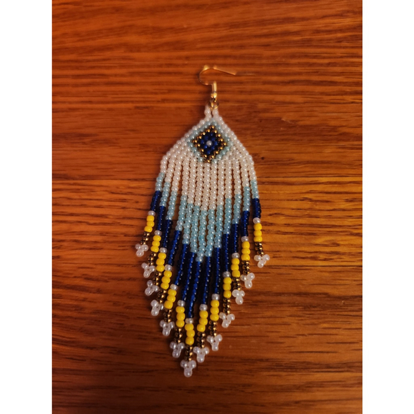Handcrafted Beaded Fringe Earrings Blue White Yellow - Picture 8 of 9